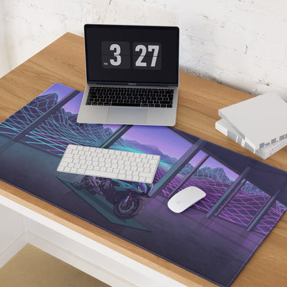 BMW S1000RR Inspired Teal Purple Vaporwave Gaming Mouse Pad – Neon Grid Mountain Showroom Desk Mat, Futuristic Superbike Digital Artwork