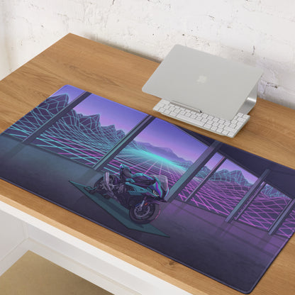 BMW S1000RR Inspired Teal Purple Vaporwave Gaming Mouse Pad – Neon Grid Mountain Showroom Desk Mat, Futuristic Superbike Digital Artwork