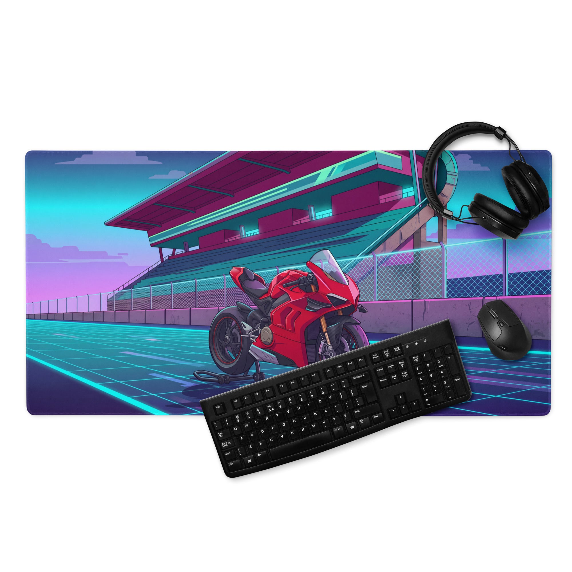 Ducati Panigale V4 Inspired Red Cyan Vaporwave Gaming Mouse Pad – Neon Futuristic Racetrack Desk Mat, Retro Superbike Digital Artwork