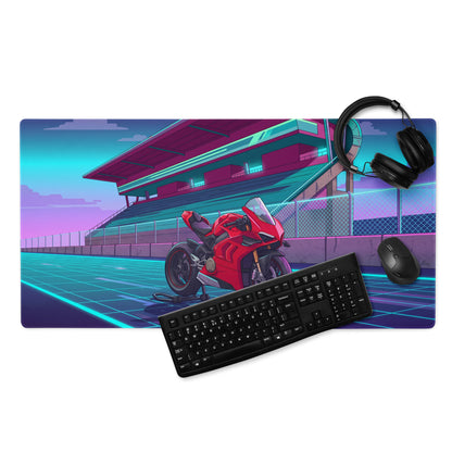 Ducati Panigale V4 Inspired Red Cyan Vaporwave Gaming Mouse Pad – Neon Futuristic Racetrack Desk Mat, Retro Superbike Digital Artwork
