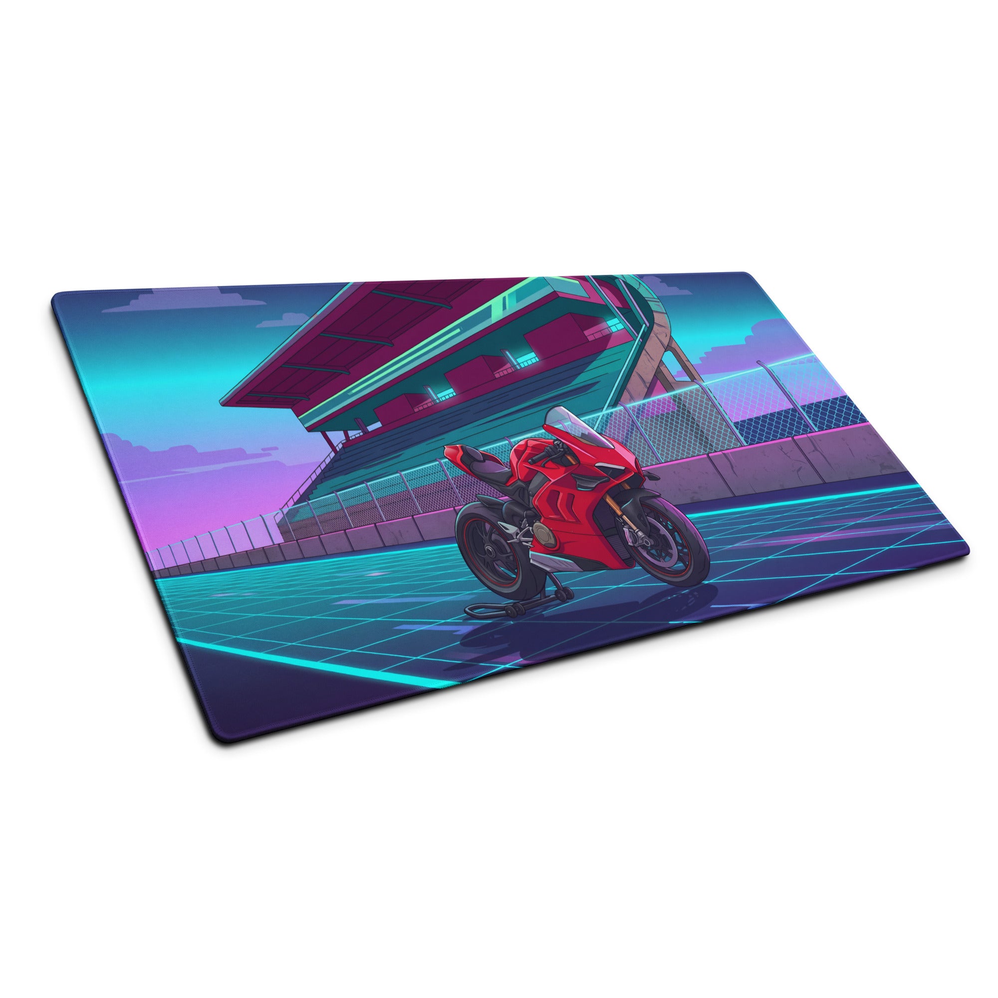 Ducati Panigale V4 Inspired Red Cyan Vaporwave Gaming Mouse Pad – Neon Futuristic Racetrack Desk Mat, Retro Superbike Digital Artwork