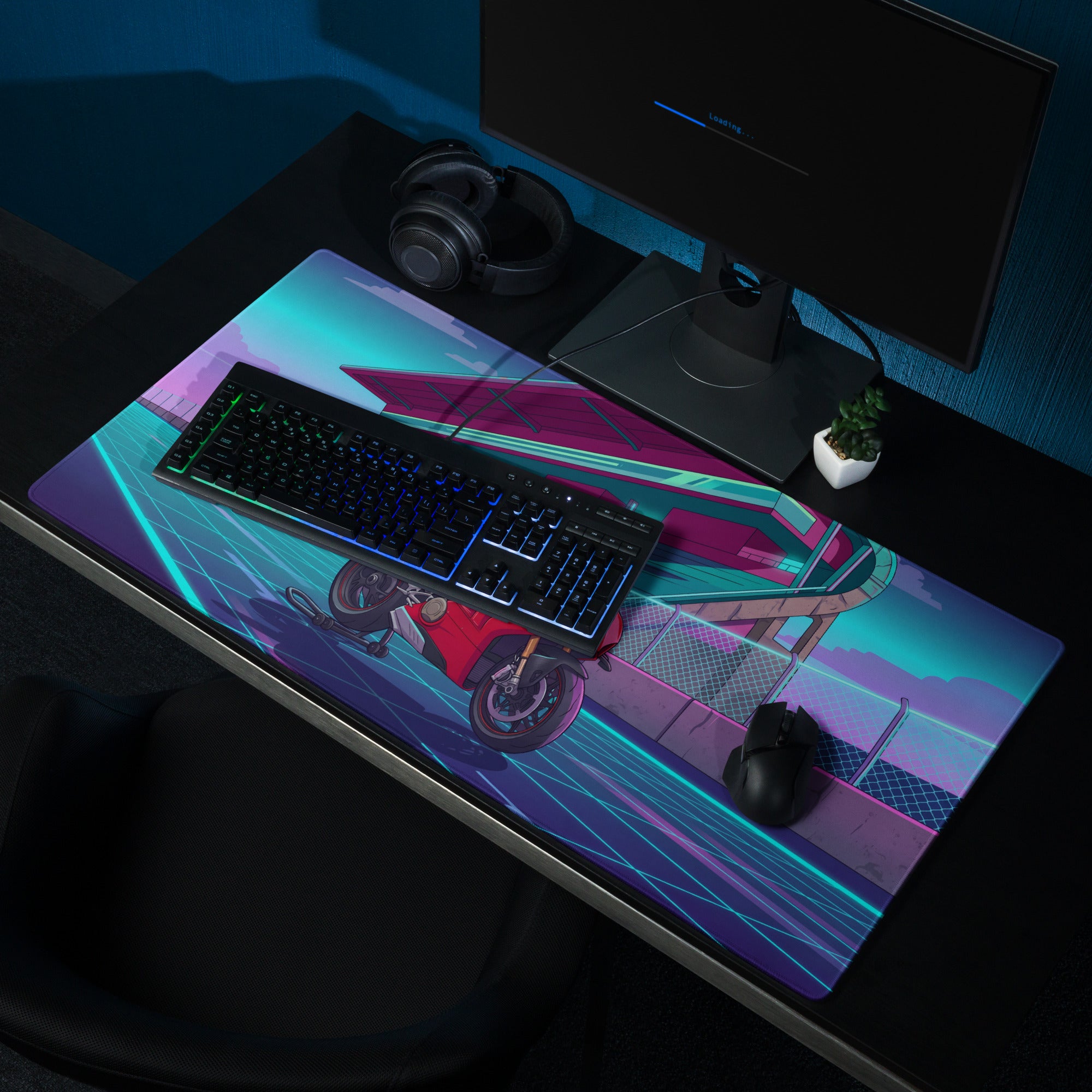 Ducati Panigale V4 Inspired Red Cyan Vaporwave Gaming Mouse Pad – Neon Futuristic Racetrack Desk Mat, Retro Superbike Digital Artwork