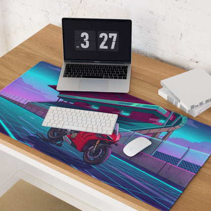 Ducati Panigale V4 Inspired Red Cyan Vaporwave Gaming Mouse Pad – Neon Futuristic Racetrack Desk Mat, Retro Superbike Digital Artwork