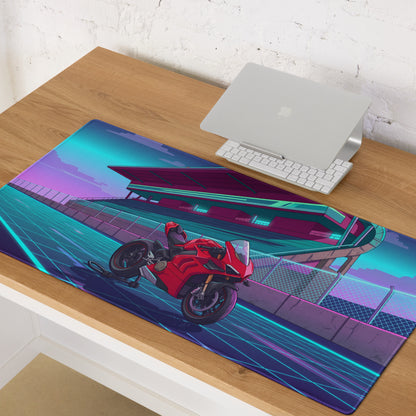 Ducati Panigale V4 Inspired Red Cyan Vaporwave Gaming Mouse Pad – Neon Futuristic Racetrack Desk Mat, Retro Superbike Digital Artwork