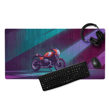 BMW R nineT Racer Inspired Orange Purple Vaporwave Gaming Mouse Pad – Neon Cyberpunk Garage Desk Mat, Retro Futuristic Café Racer Artwork