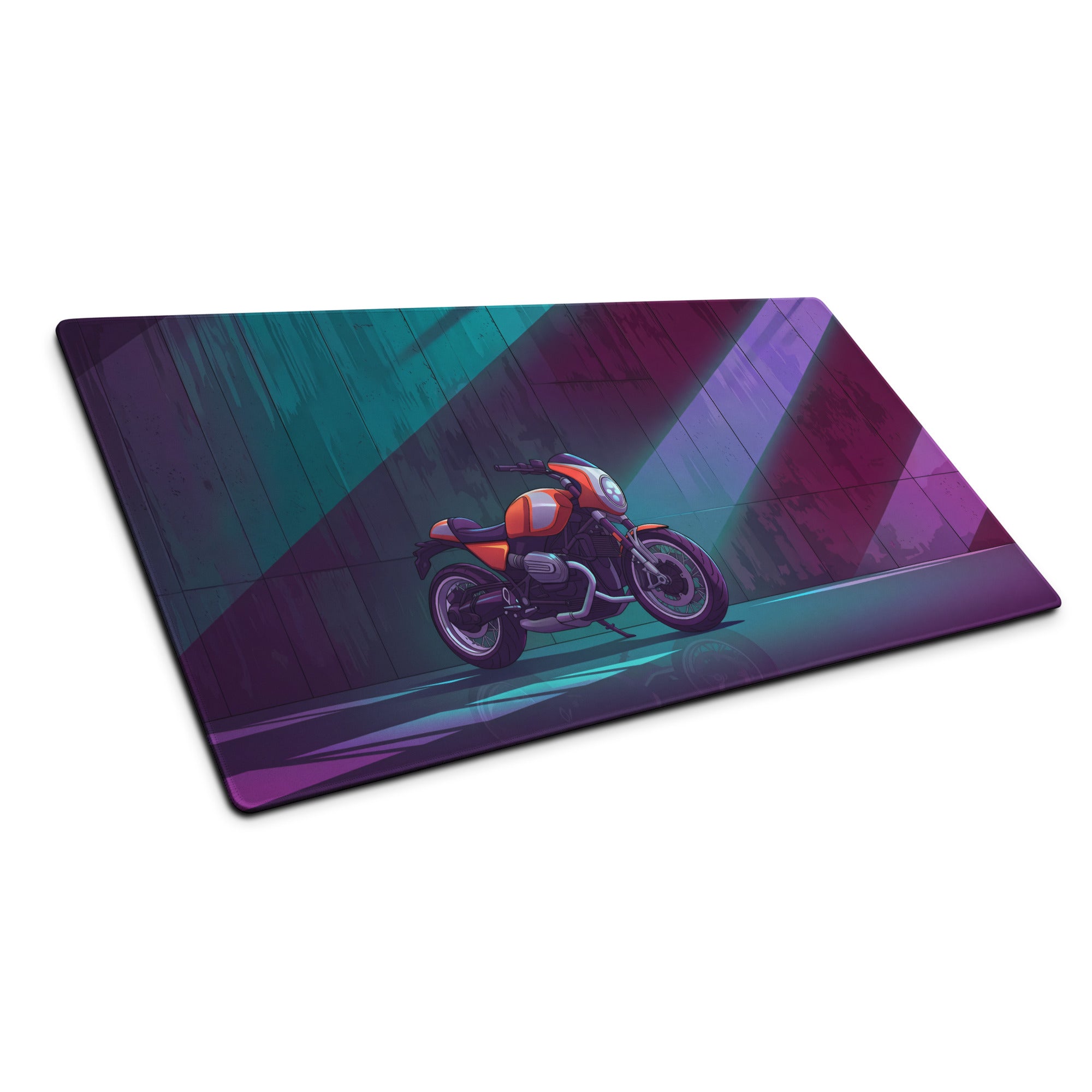 BMW R nineT Racer Inspired Orange Purple Vaporwave Gaming Mouse Pad – Neon Cyberpunk Garage Desk Mat, Retro Futuristic Café Racer Artwork