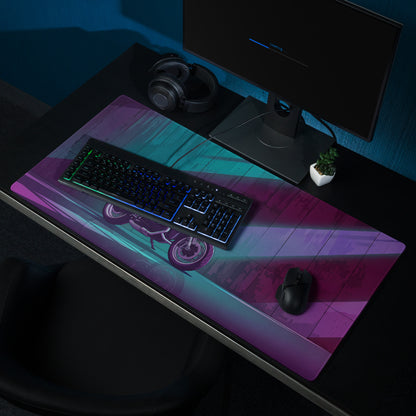 BMW R nineT Racer Inspired Orange Purple Vaporwave Gaming Mouse Pad – Neon Cyberpunk Garage Desk Mat, Retro Futuristic Café Racer Artwork