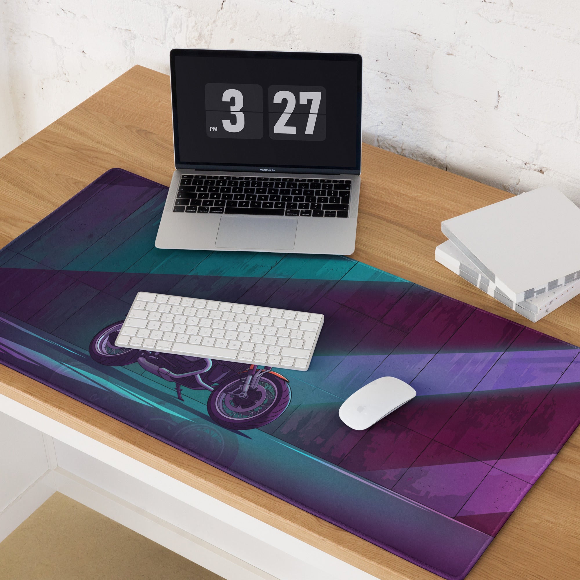 BMW R nineT Racer Inspired Orange Purple Vaporwave Gaming Mouse Pad – Neon Cyberpunk Garage Desk Mat, Retro Futuristic Café Racer Artwork