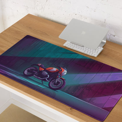 BMW R nineT Racer Inspired Orange Purple Vaporwave Gaming Mouse Pad – Neon Cyberpunk Garage Desk Mat, Retro Futuristic Café Racer Artwork