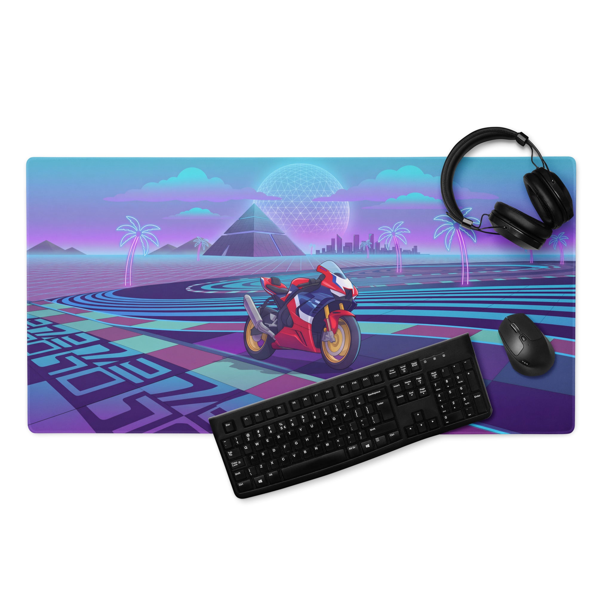 Honda CBR1000RR-R Fireblade Inspired Red Blue Vaporwave Gaming Mouse Pad – Neon Pyramid Raceway Desk Mat, Retro Futuristic Superbike Digital Artwork