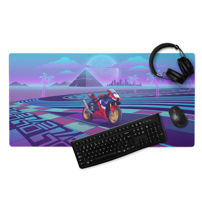 Honda CBR1000RR-R Fireblade Inspired Red Blue Vaporwave Gaming Mouse Pad – Neon Pyramid Raceway Desk Mat, Retro Futuristic Superbike Digital Artwork