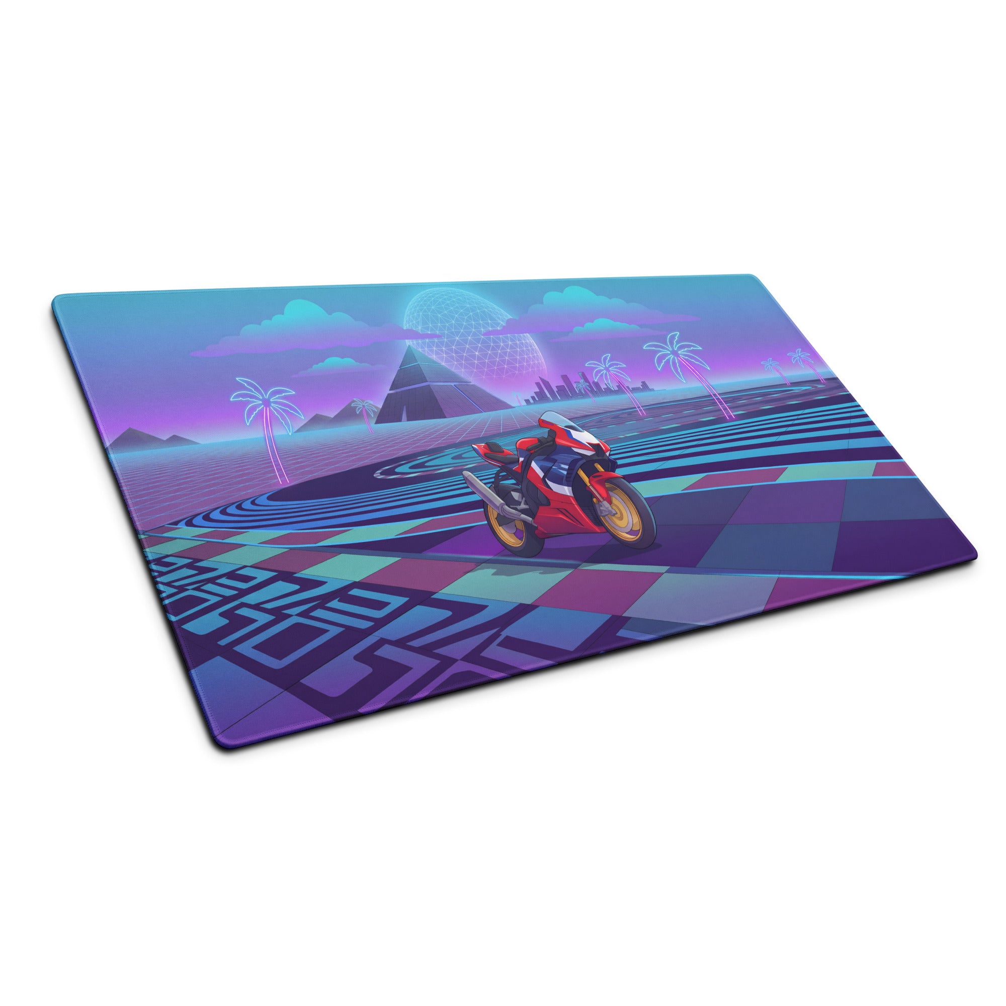 Honda CBR1000RR-R Fireblade Inspired Red Blue Vaporwave Gaming Mouse Pad – Neon Pyramid Raceway Desk Mat, Retro Futuristic Superbike Digital Artwork