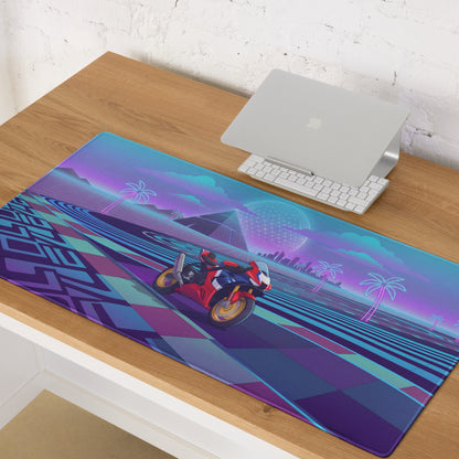 Honda CBR1000RR-R Fireblade Inspired Red Blue Vaporwave Gaming Mouse Pad – Neon Pyramid Raceway Desk Mat, Retro Futuristic Superbike Digital Artwork