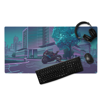 BMW M 1000 RR Inspired Black Teal Vaporwave Gaming Mouse Pad – Neon Cyber City Desk Mat, Futuristic Sportbike Digital Artwork