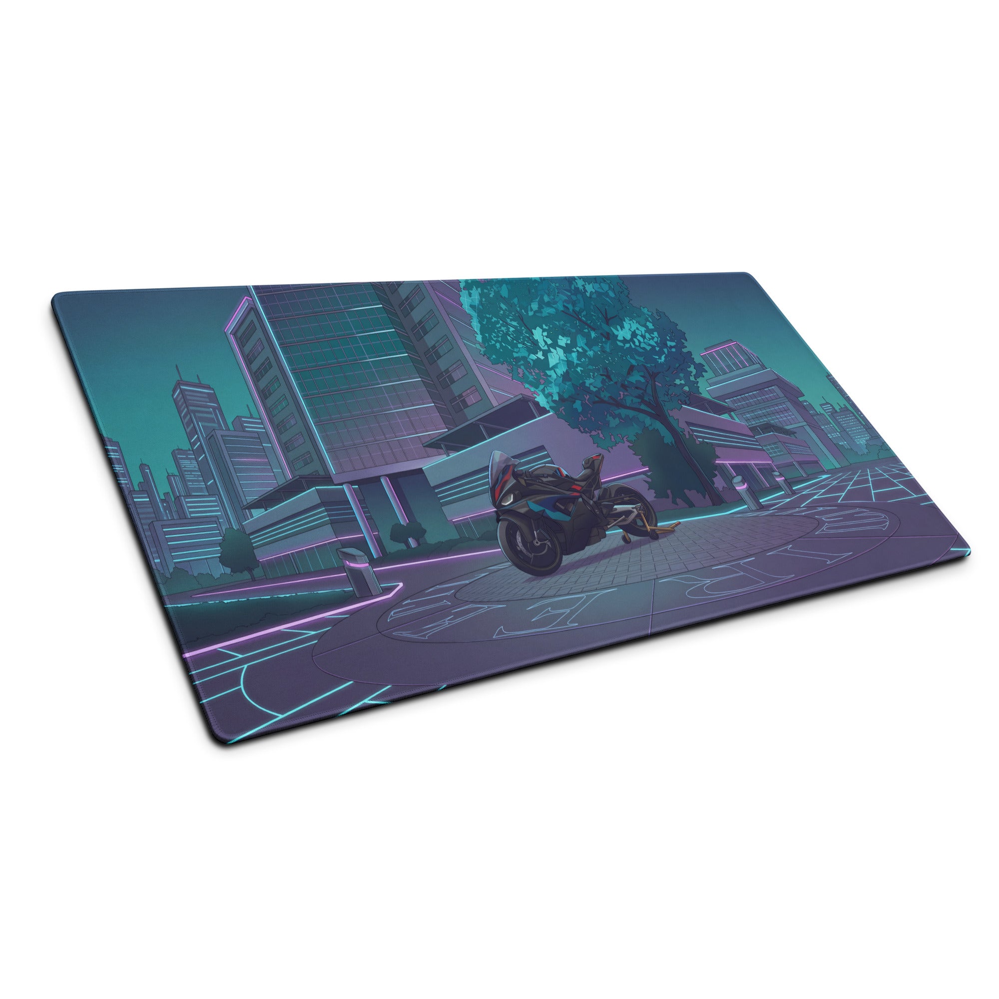 BMW M 1000 RR Inspired Black Teal Vaporwave Gaming Mouse Pad – Neon Cyber City Desk Mat, Futuristic Sportbike Digital Artwork
