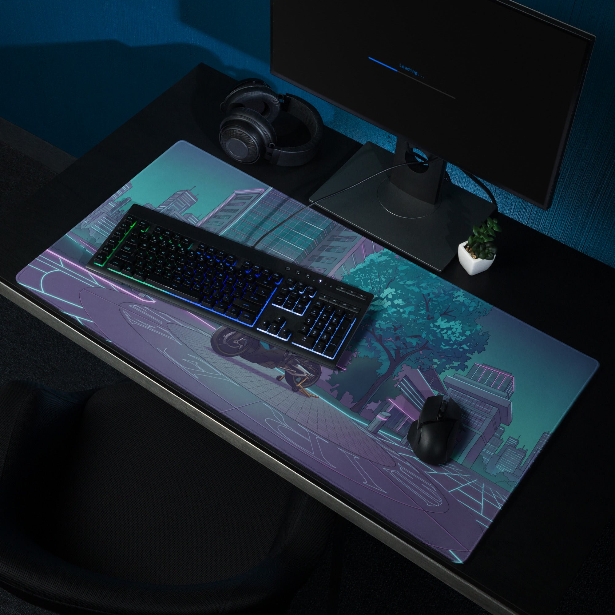 BMW M 1000 RR Inspired Black Teal Vaporwave Gaming Mouse Pad – Neon Cyber City Desk Mat, Futuristic Sportbike Digital Artwork