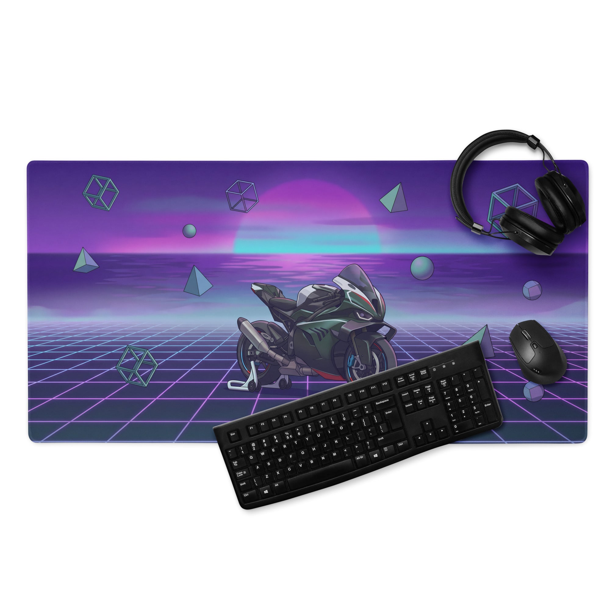 BMW M 1000 RR Inspired Black Purple Vaporwave Gaming Mouse Pad – Neon Sunset Grid Desk Mat, Retro Futuristic Superbike Digital Artwork