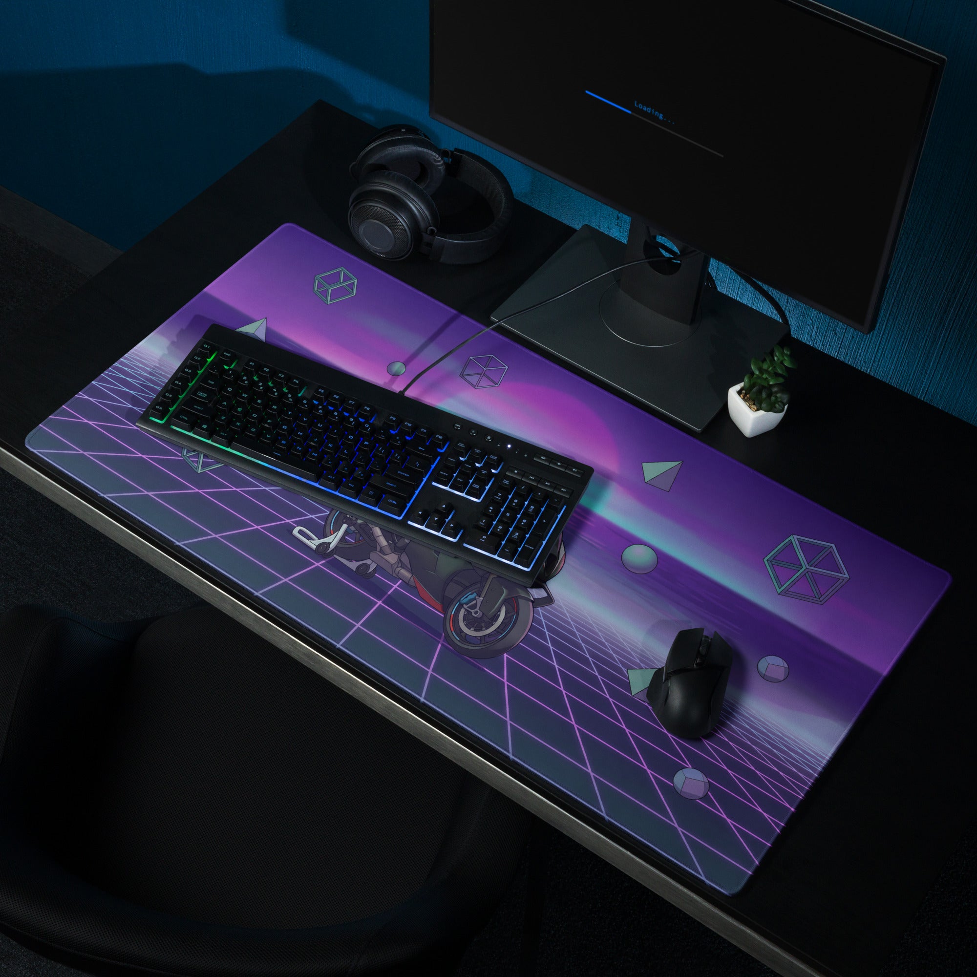 BMW M 1000 RR Inspired Black Purple Vaporwave Gaming Mouse Pad – Neon Sunset Grid Desk Mat, Retro Futuristic Superbike Digital Artwork