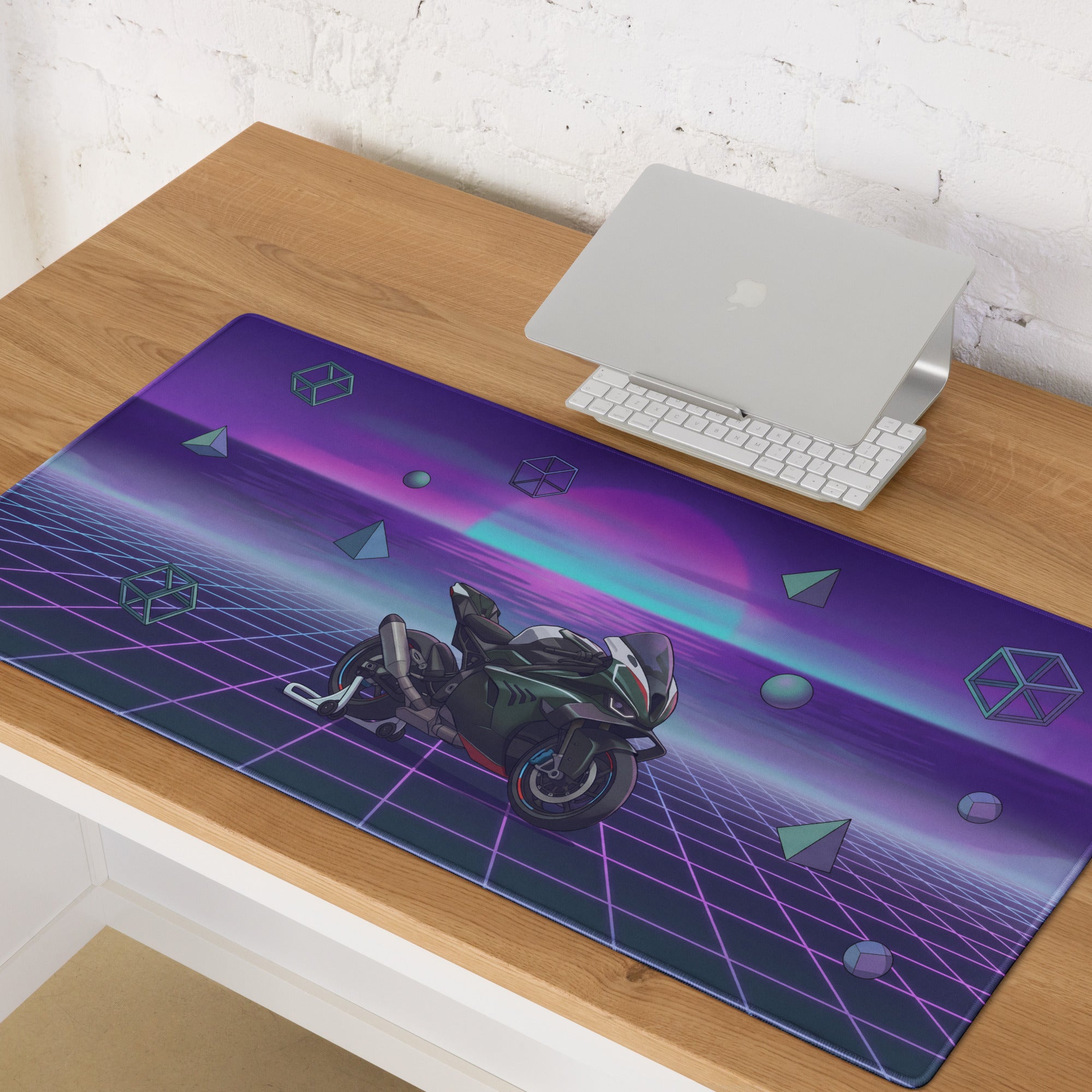 BMW M 1000 RR Inspired Black Purple Vaporwave Gaming Mouse Pad – Neon Sunset Grid Desk Mat, Retro Futuristic Superbike Digital Artwork
