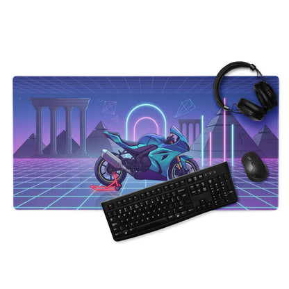 Suzuki GSX-R1000 Inspired Cyan Purple Vaporwave Gaming Mouse Pad – Neon Pyramid Grid Desk Mat, Retro Futuristic Superbike Digital Artwork