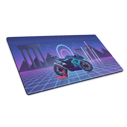 Suzuki GSX-R1000 Inspired Cyan Purple Vaporwave Gaming Mouse Pad – Neon Pyramid Grid Desk Mat, Retro Futuristic Superbike Digital Artwork