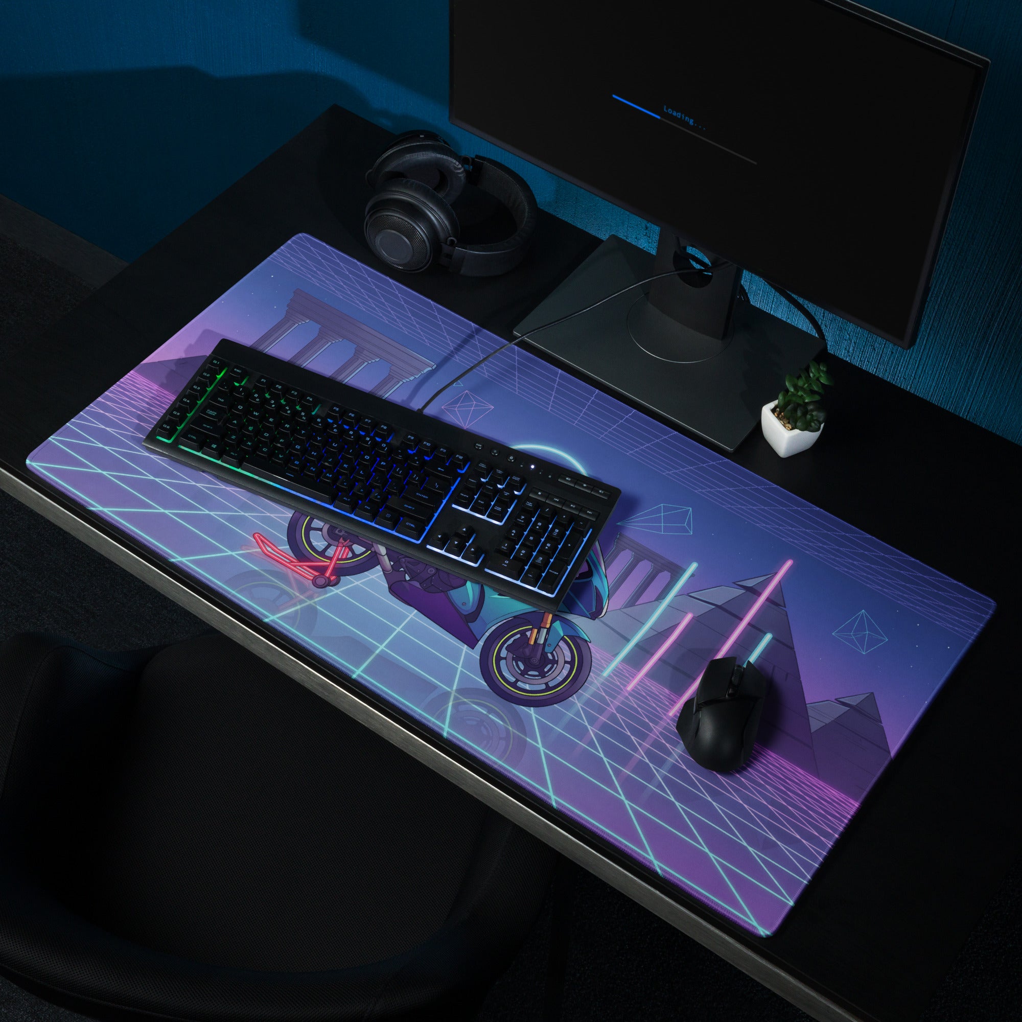 Suzuki GSX-R1000 Inspired Cyan Purple Vaporwave Gaming Mouse Pad – Neon Pyramid Grid Desk Mat, Retro Futuristic Superbike Digital Artwork