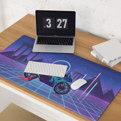 Suzuki GSX-R1000 Inspired Cyan Purple Vaporwave Gaming Mouse Pad – Neon Pyramid Grid Desk Mat, Retro Futuristic Superbike Digital Artwork