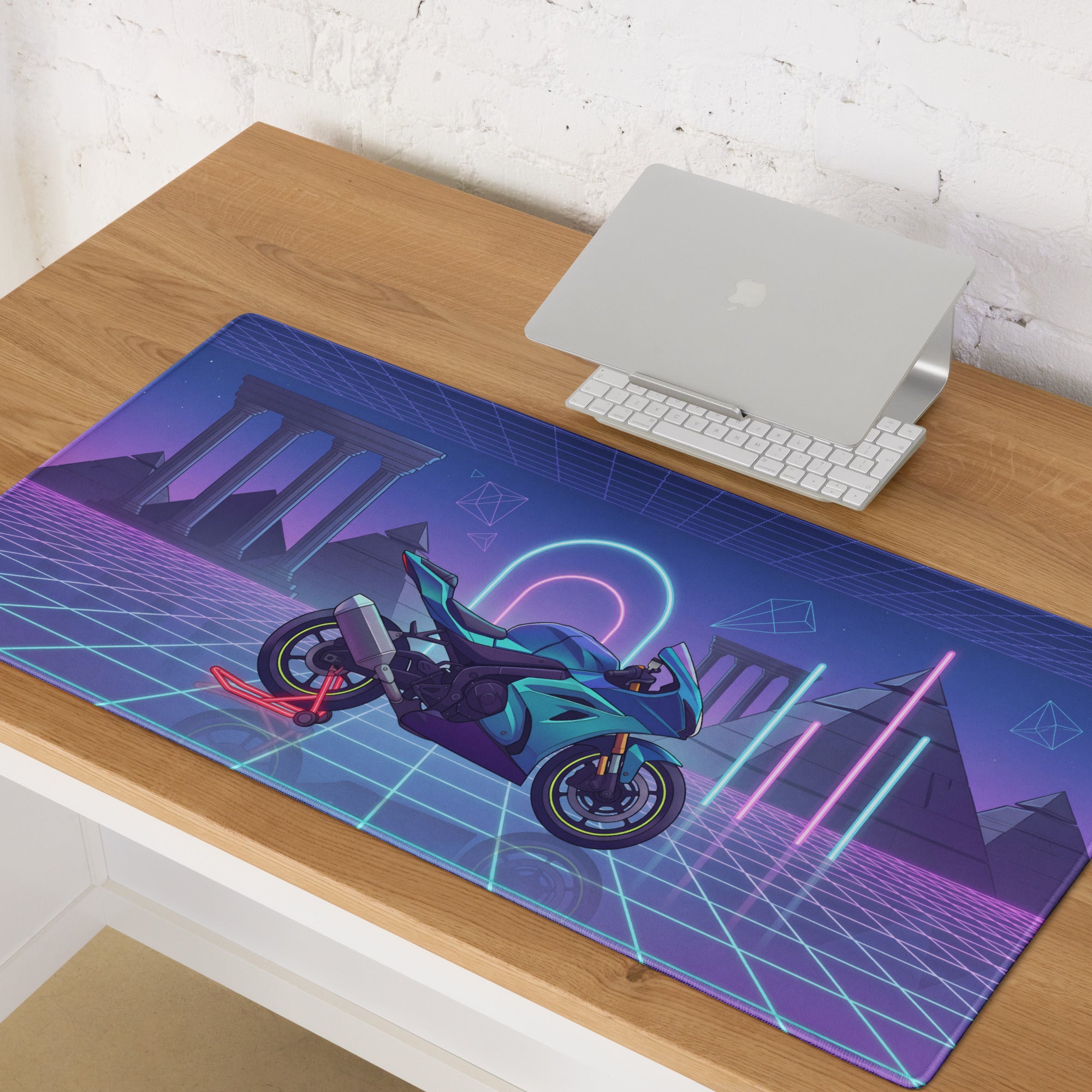 Suzuki GSX-R1000 Inspired Cyan Purple Vaporwave Gaming Mouse Pad – Neon Pyramid Grid Desk Mat, Retro Futuristic Superbike Digital Artwork