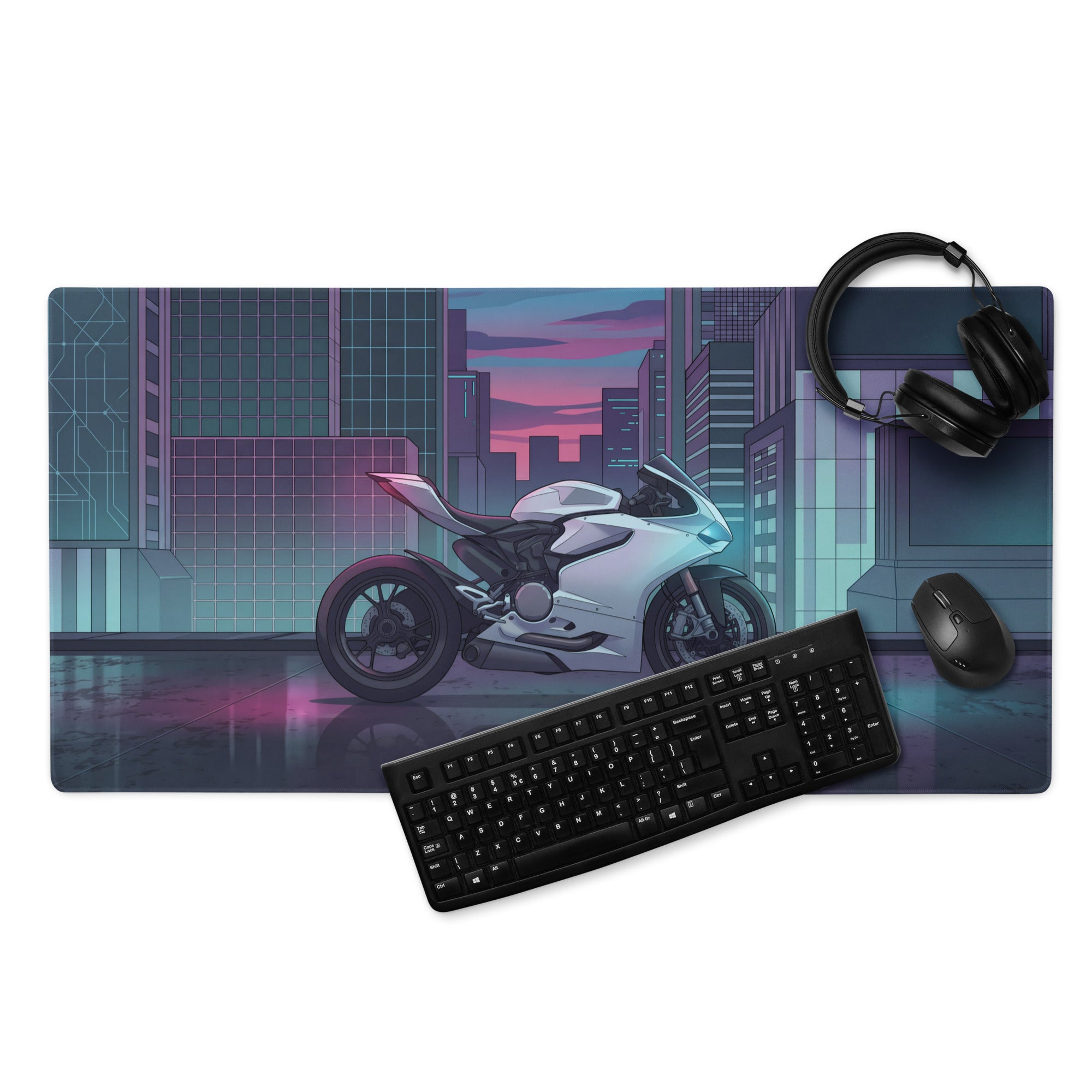 Ducati Panigale V2 Inspired White Teal Vaporwave Gaming Mouse Pad – Neon Cyber City Desk Mat, Futuristic Superbike Digital Artwork