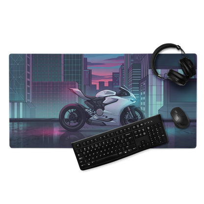 Ducati Panigale V2 Inspired White Teal Vaporwave Gaming Mouse Pad – Neon Cyber City Desk Mat, Futuristic Superbike Digital Artwork