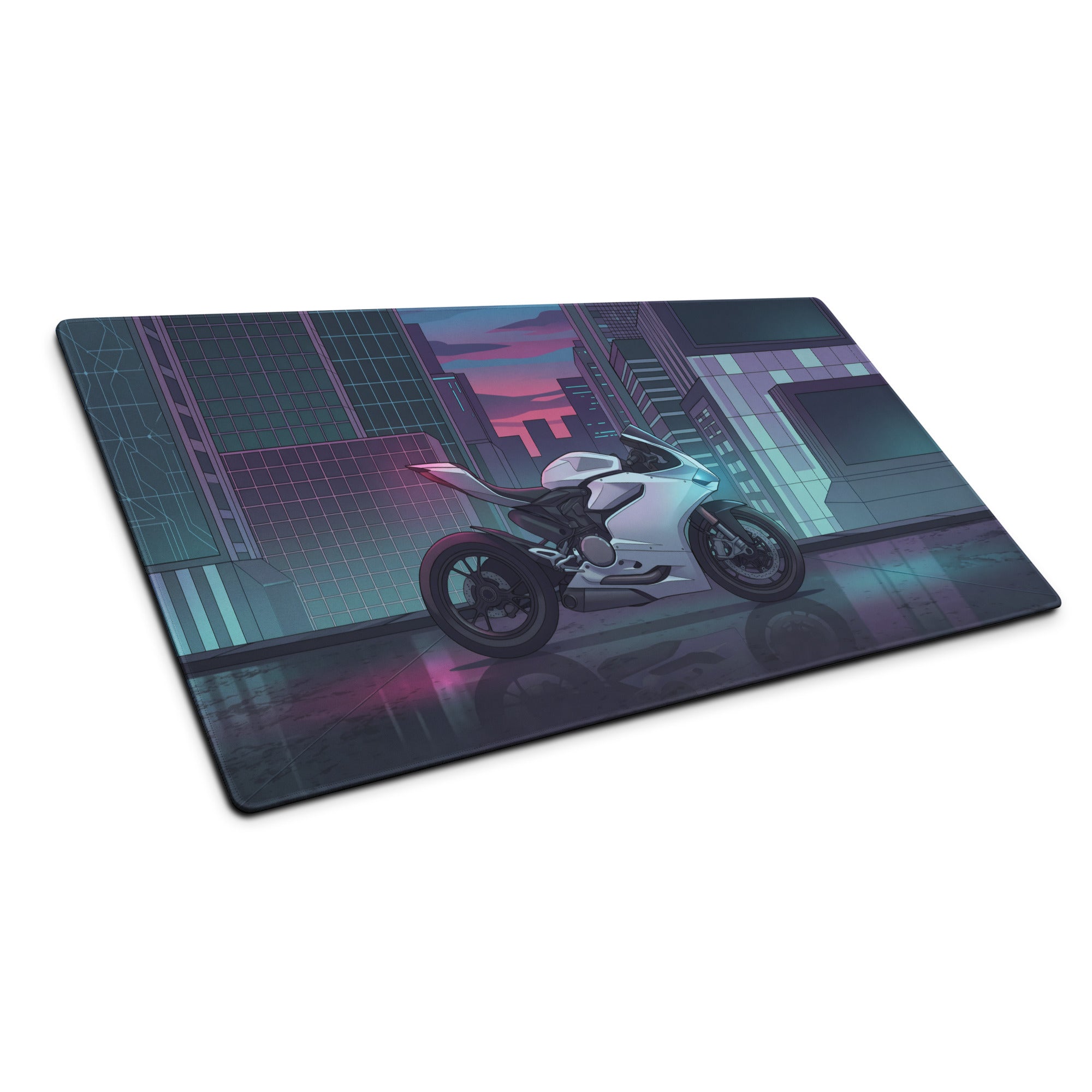 Ducati Panigale V2 Inspired White Teal Vaporwave Gaming Mouse Pad – Neon Cyber City Desk Mat, Futuristic Superbike Digital Artwork