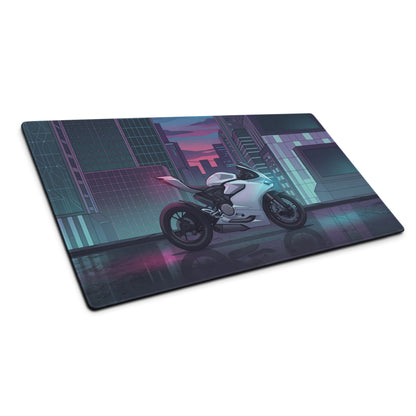 Ducati Panigale V2 Inspired White Teal Vaporwave Gaming Mouse Pad – Neon Cyber City Desk Mat, Futuristic Superbike Digital Artwork