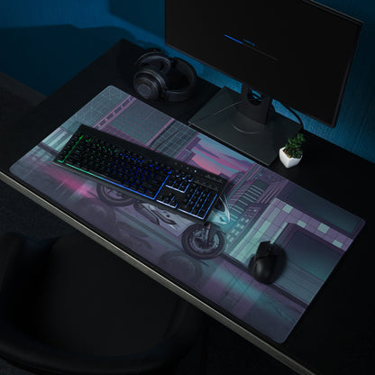 Ducati Panigale V2 Inspired White Teal Vaporwave Gaming Mouse Pad – Neon Cyber City Desk Mat, Futuristic Superbike Digital Artwork