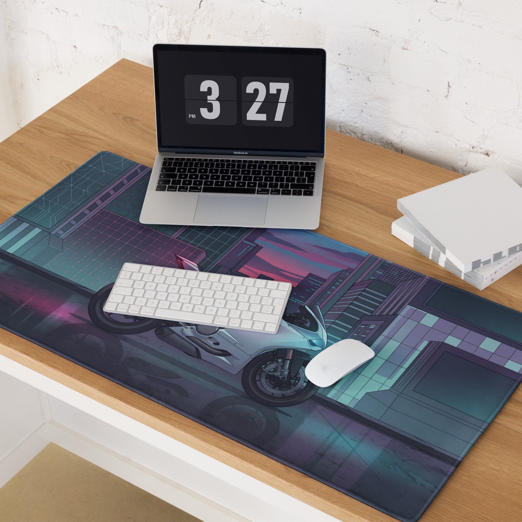 Ducati Panigale V2 Inspired White Teal Vaporwave Gaming Mouse Pad – Neon Cyber City Desk Mat, Futuristic Superbike Digital Artwork
