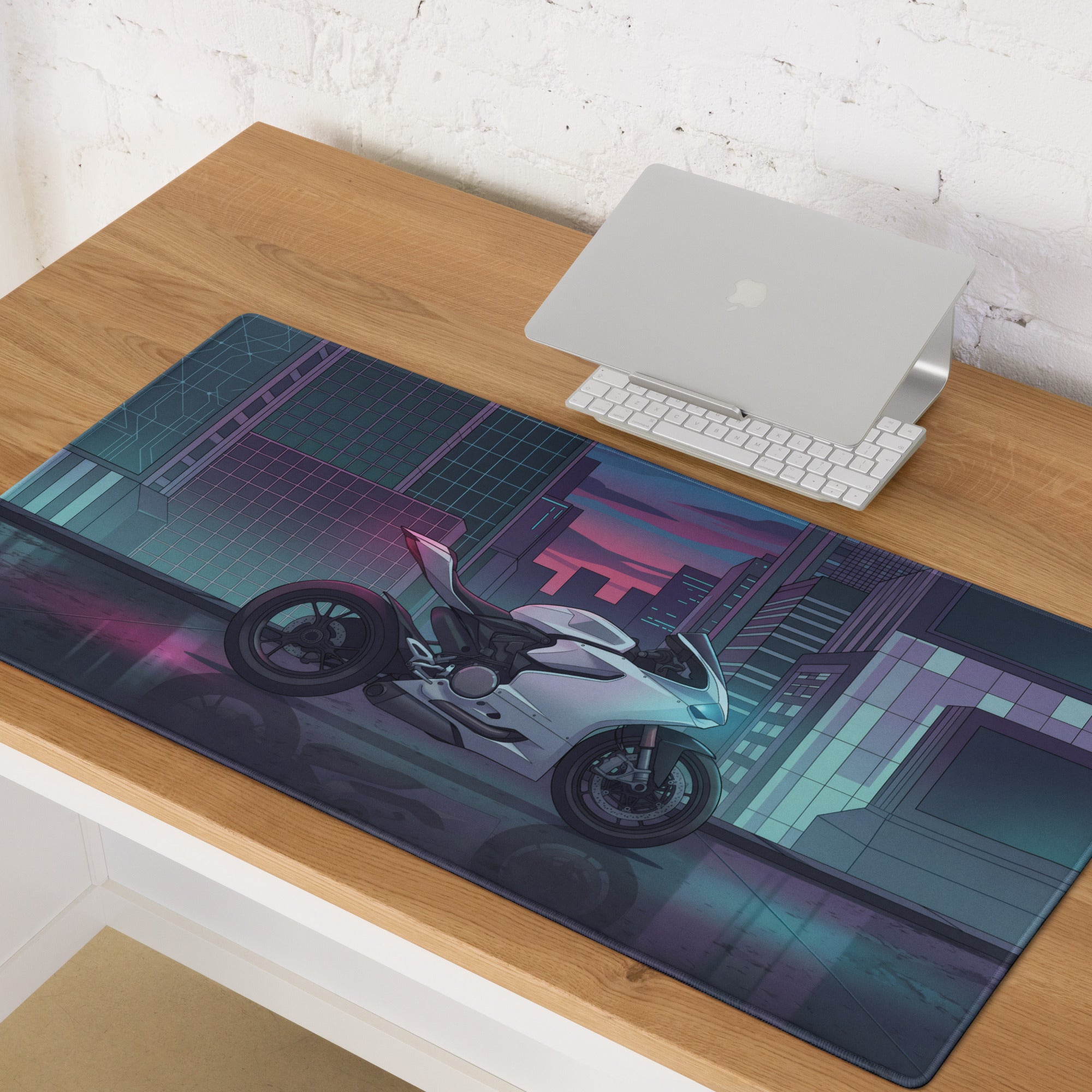Ducati Panigale V2 Inspired White Teal Vaporwave Gaming Mouse Pad – Neon Cyber City Desk Mat, Futuristic Superbike Digital Artwork