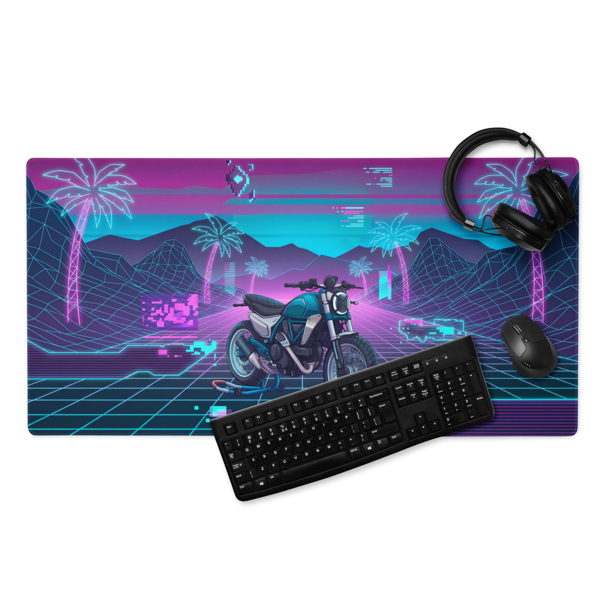 Ducati Scrambler Desert Sled Inspired Teal Pink Vaporwave Gaming Mouse Pad – Neon Grid Palm Tree Desk Mat, Retro Futuristic Motorcycle Digital Art