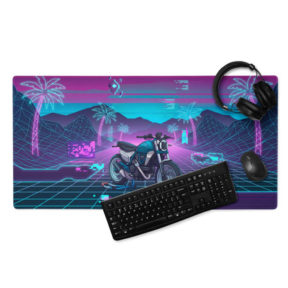 Ducati Scrambler Desert Sled Inspired Teal Pink Vaporwave Gaming Mouse Pad – Neon Grid Palm Tree Desk Mat, Retro Futuristic Motorcycle Digital Art