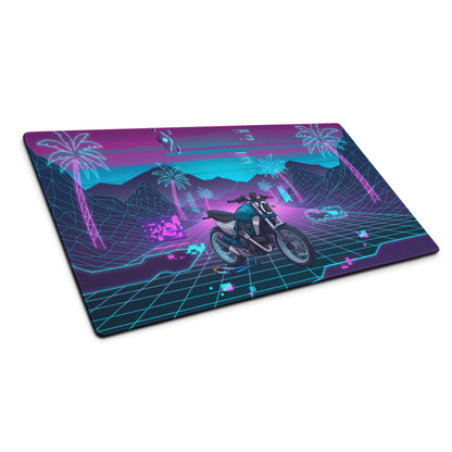 Ducati Scrambler Desert Sled Inspired Teal Pink Vaporwave Gaming Mouse Pad – Neon Grid Palm Tree Desk Mat, Retro Futuristic Motorcycle Digital Art