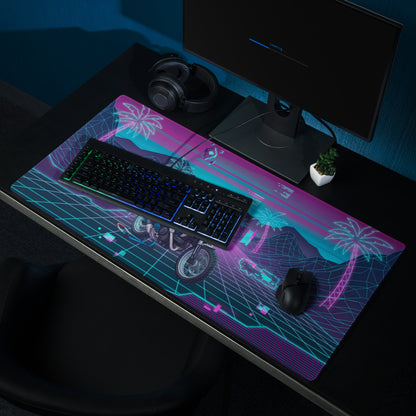 Ducati Scrambler Desert Sled Inspired Teal Pink Vaporwave Gaming Mouse Pad – Neon Grid Palm Tree Desk Mat, Retro Futuristic Motorcycle Digital Art