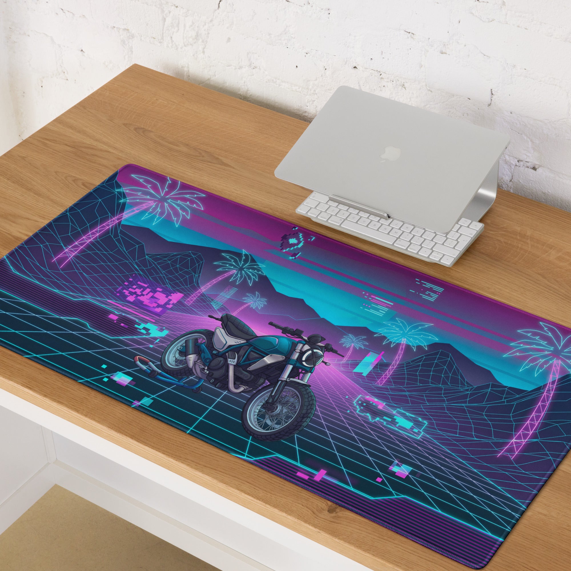 Ducati Scrambler Desert Sled Inspired Teal Pink Vaporwave Gaming Mouse Pad – Neon Grid Palm Tree Desk Mat, Retro Futuristic Motorcycle Digital Art