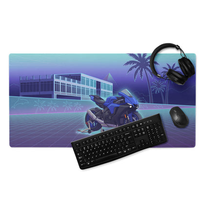 Yamaha R1 Inspired Blue Purple Vaporwave Gaming Mouse Pad – Neon Tropical Grid Desk Mat, Retro Futuristic Superbike Digital Artwork