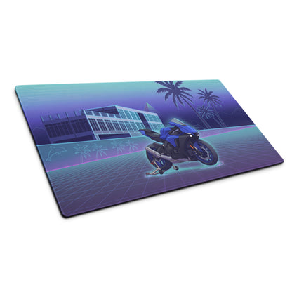 Yamaha R1 Inspired Blue Purple Vaporwave Gaming Mouse Pad – Neon Tropical Grid Desk Mat, Retro Futuristic Superbike Digital Artwork