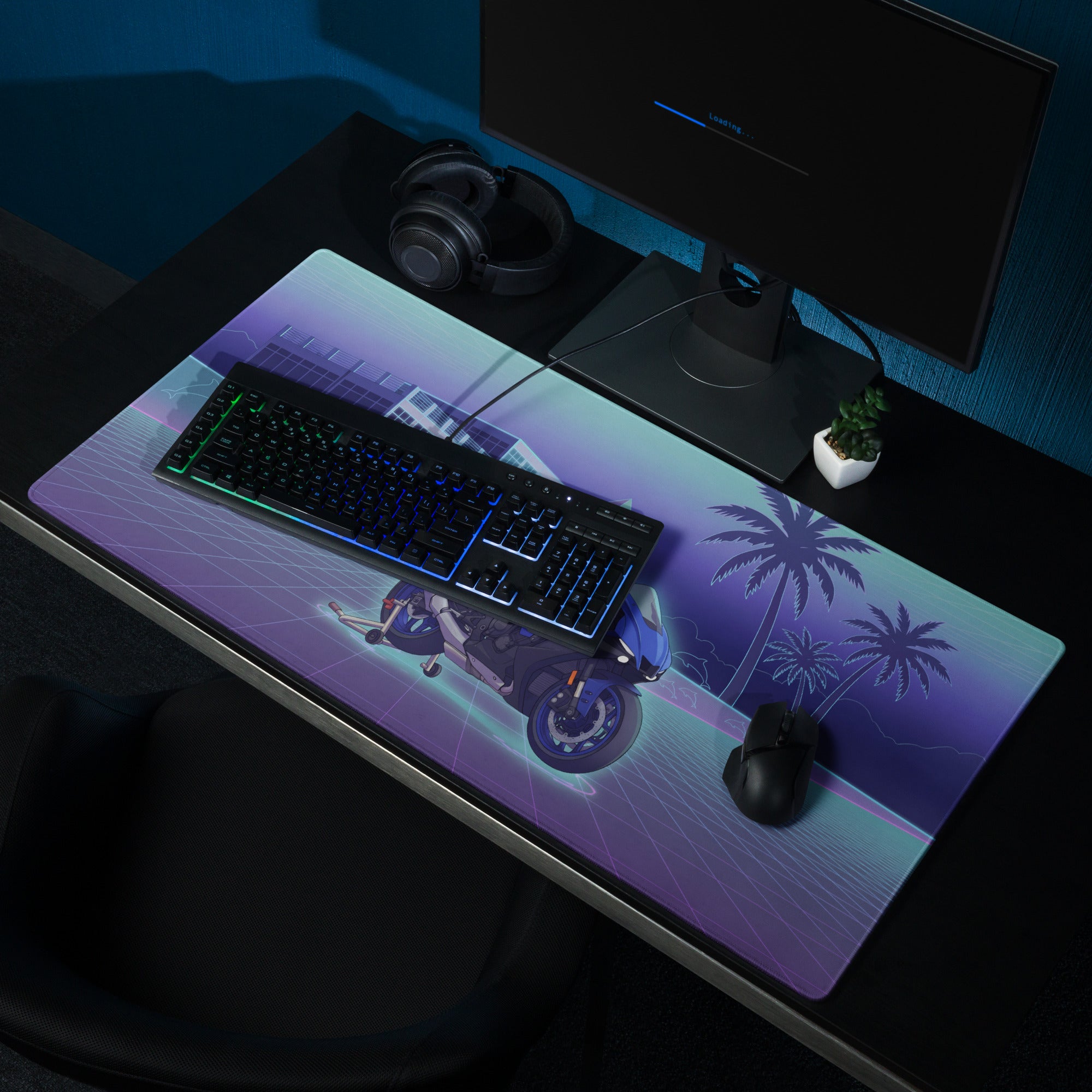 Yamaha R1 Inspired Blue Purple Vaporwave Gaming Mouse Pad – Neon Tropical Grid Desk Mat, Retro Futuristic Superbike Digital Artwork