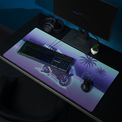 Yamaha R1 Inspired Blue Purple Vaporwave Gaming Mouse Pad – Neon Tropical Grid Desk Mat, Retro Futuristic Superbike Digital Artwork