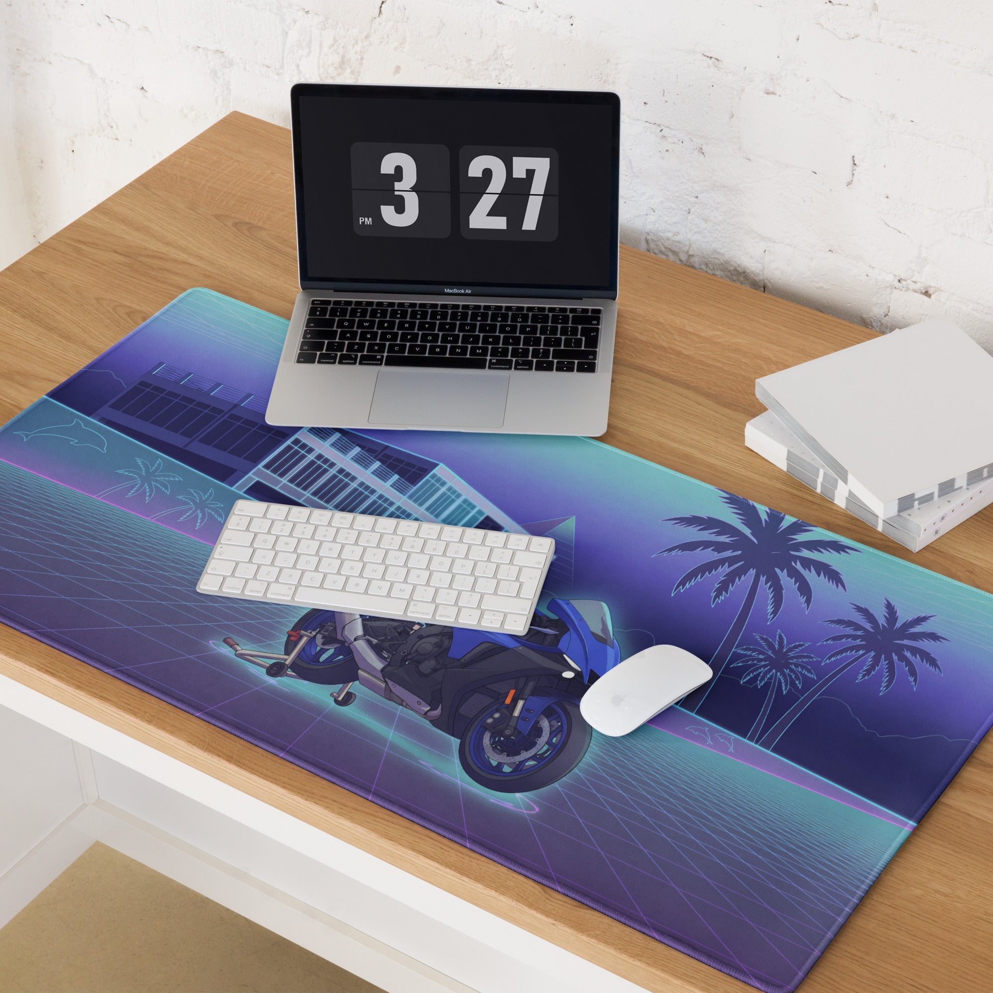 Yamaha R1 Inspired Blue Purple Vaporwave Gaming Mouse Pad – Neon Tropical Grid Desk Mat, Retro Futuristic Superbike Digital Artwork
