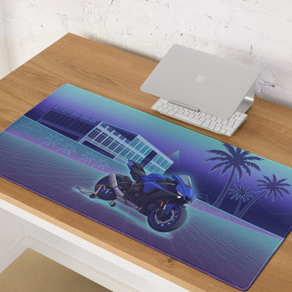 Yamaha R1 Inspired Blue Purple Vaporwave Gaming Mouse Pad – Neon Tropical Grid Desk Mat, Retro Futuristic Superbike Digital Artwork