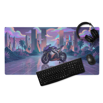 Aprilia RSV4 Xtrenta Inspired Purple Silver Vaporwave Gaming Mouse Pad – Neon Futuristic City Desk Mat, Retro Cyber Superbike Digital Artwork
