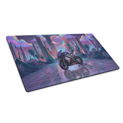 Aprilia RSV4 Xtrenta Inspired Purple Silver Vaporwave Gaming Mouse Pad – Neon Futuristic City Desk Mat, Retro Cyber Superbike Digital Artwork
