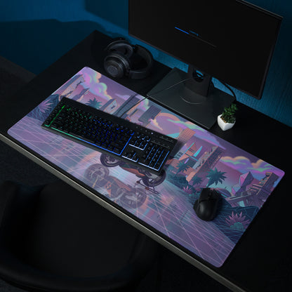 Aprilia RSV4 Xtrenta Inspired Purple Silver Vaporwave Gaming Mouse Pad – Neon Futuristic City Desk Mat, Retro Cyber Superbike Digital Artwork