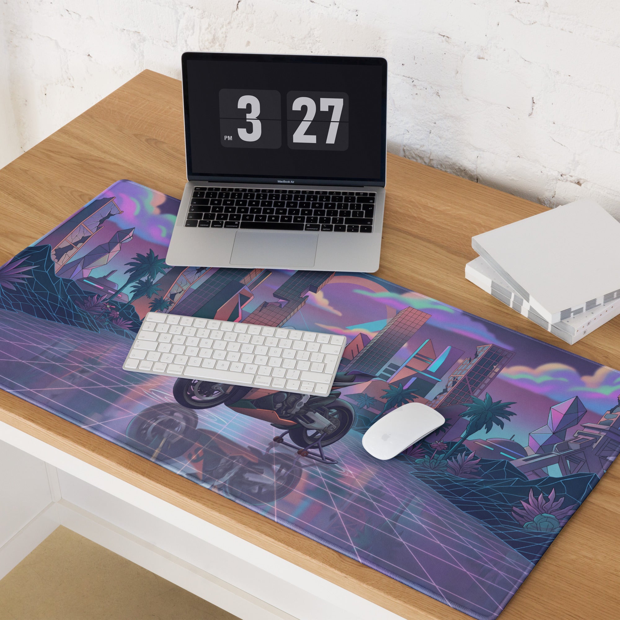 Aprilia RSV4 Xtrenta Inspired Purple Silver Vaporwave Gaming Mouse Pad – Neon Futuristic City Desk Mat, Retro Cyber Superbike Digital Artwork